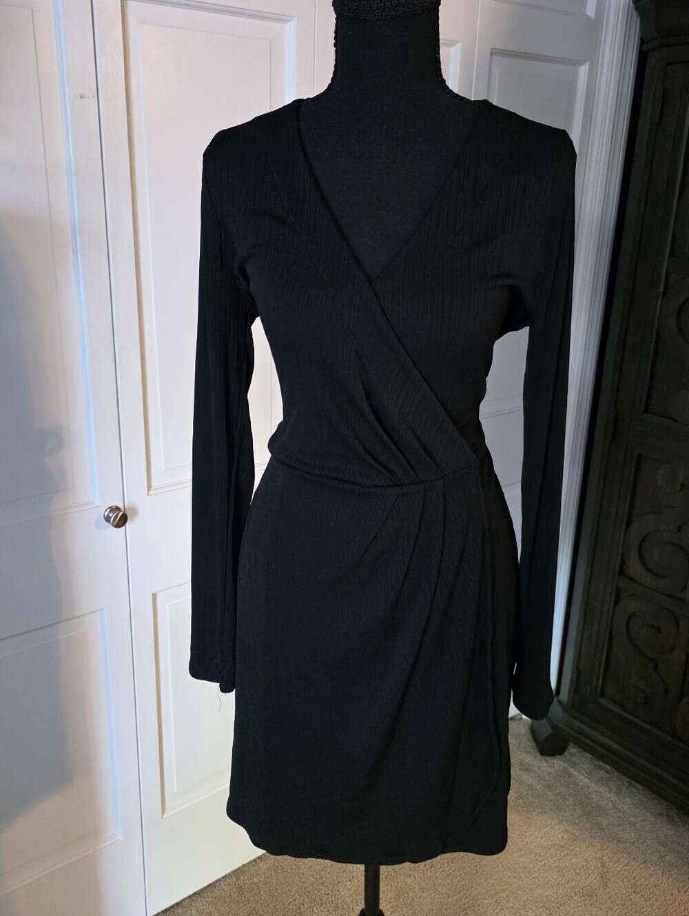 Nine West Black Long Sleeve Faux Wrap Dress Medium